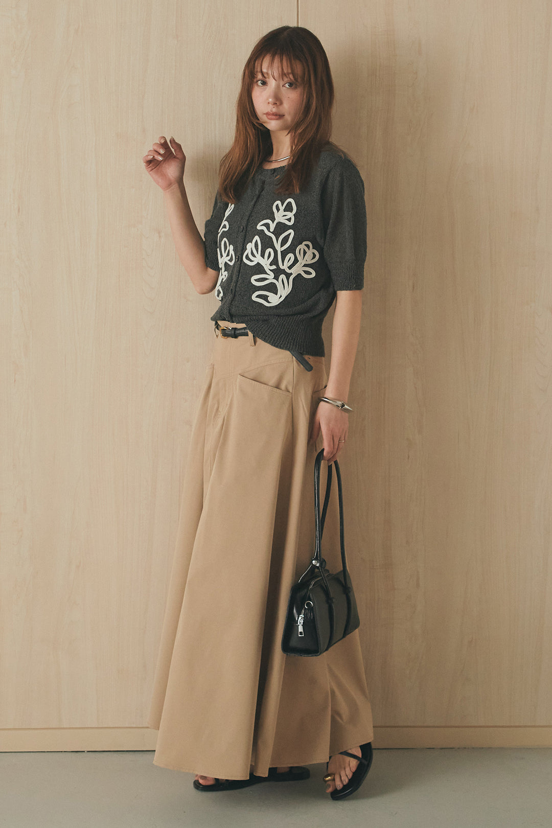 [SET]フロントテープデザイン半袖カーディガン+ミリタリーツイルタックフレアスカート(2set)