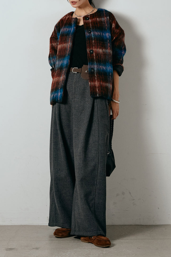 [SET]ノーカラーシャギーチェックアウター+ポーチベルト付きカーブパンツ(2set)