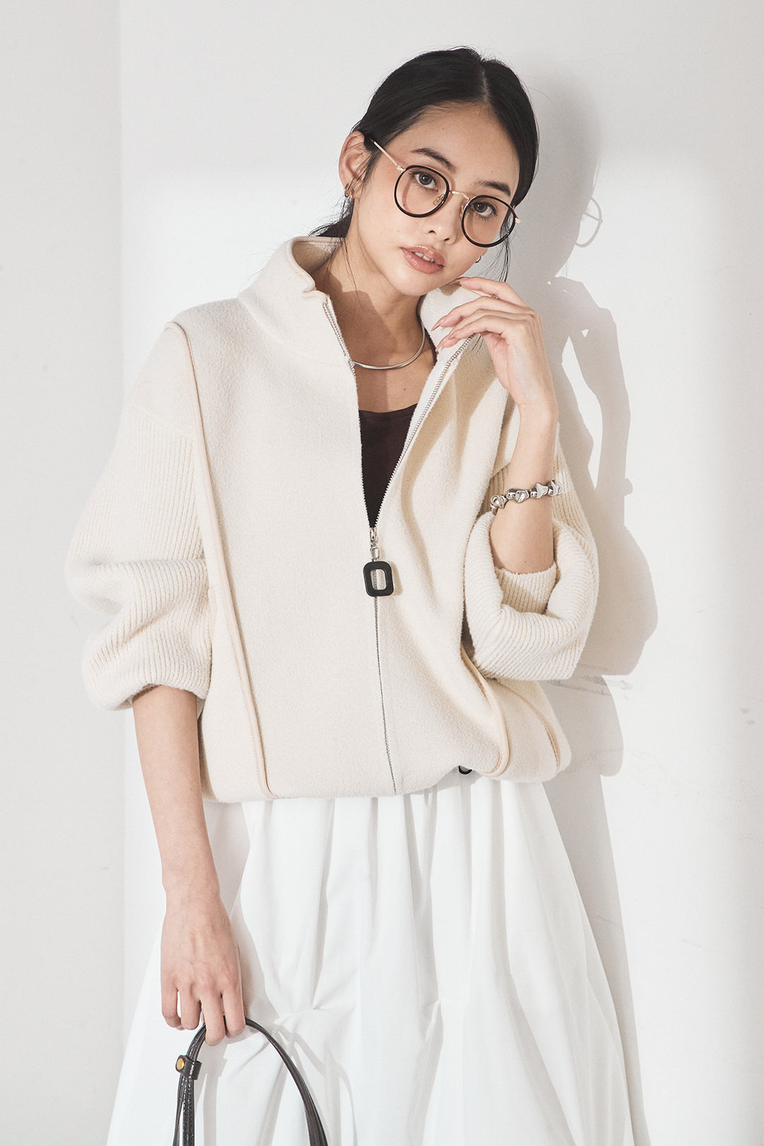 [SET]ハイネックパイピングデザインブルゾン+ランダムタックバルーンスカート(2set)