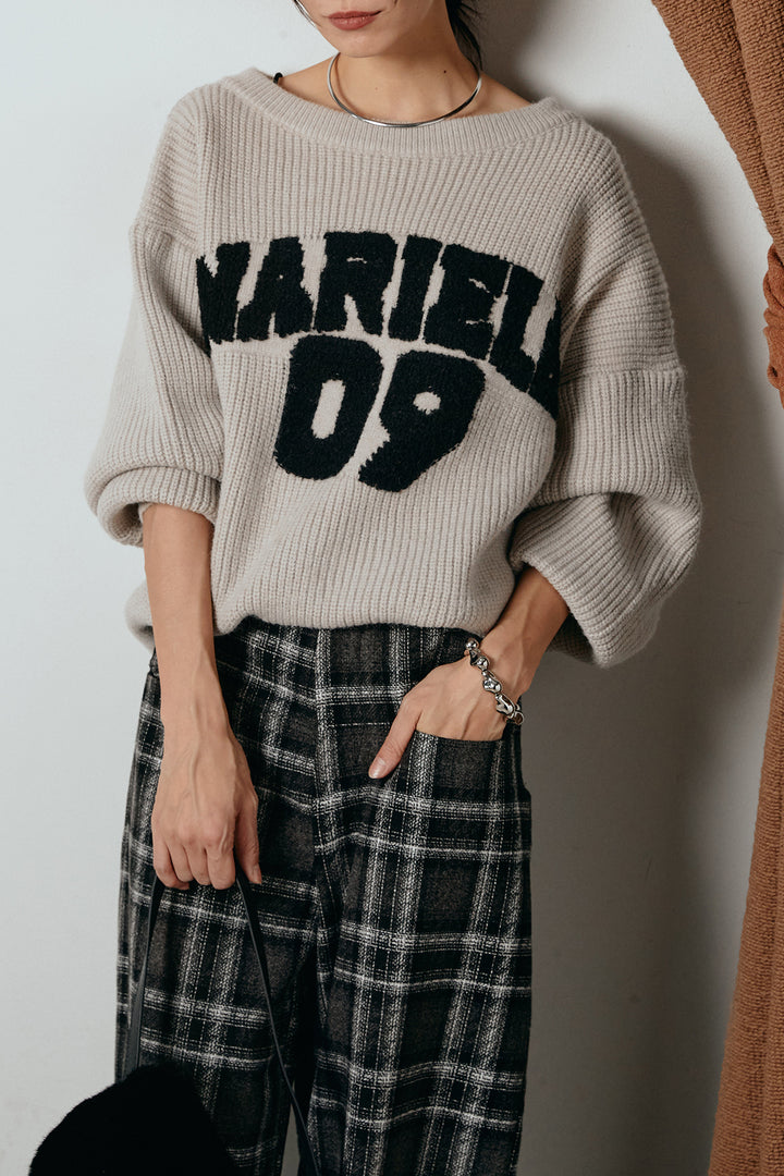[SET]ロゴジャガードニットトップス+ルーズタータンチェックワイドパンツ(2set)