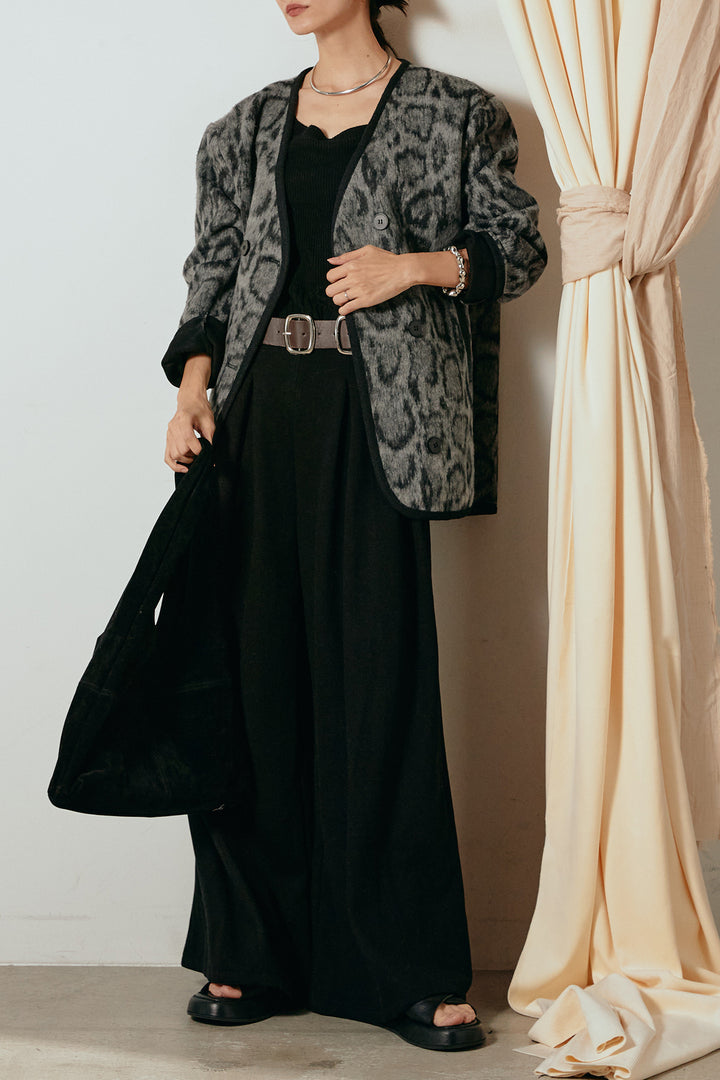 [SET]ノーカラーレオパード柄アウター+フェイクレザー太ベルト付きタックワイドパンツ(2set)