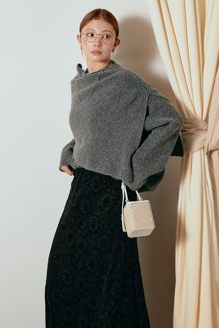 [SET]ケープデザインリブニットトップス+花柄刺繍ベロアフレアスカート(2set)