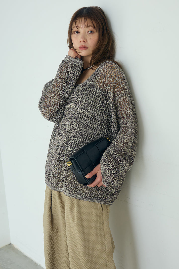 [SET]メッシュ編みビスチェセットVネックプルオーバー+シアサッカーイージーパンツ(2set)