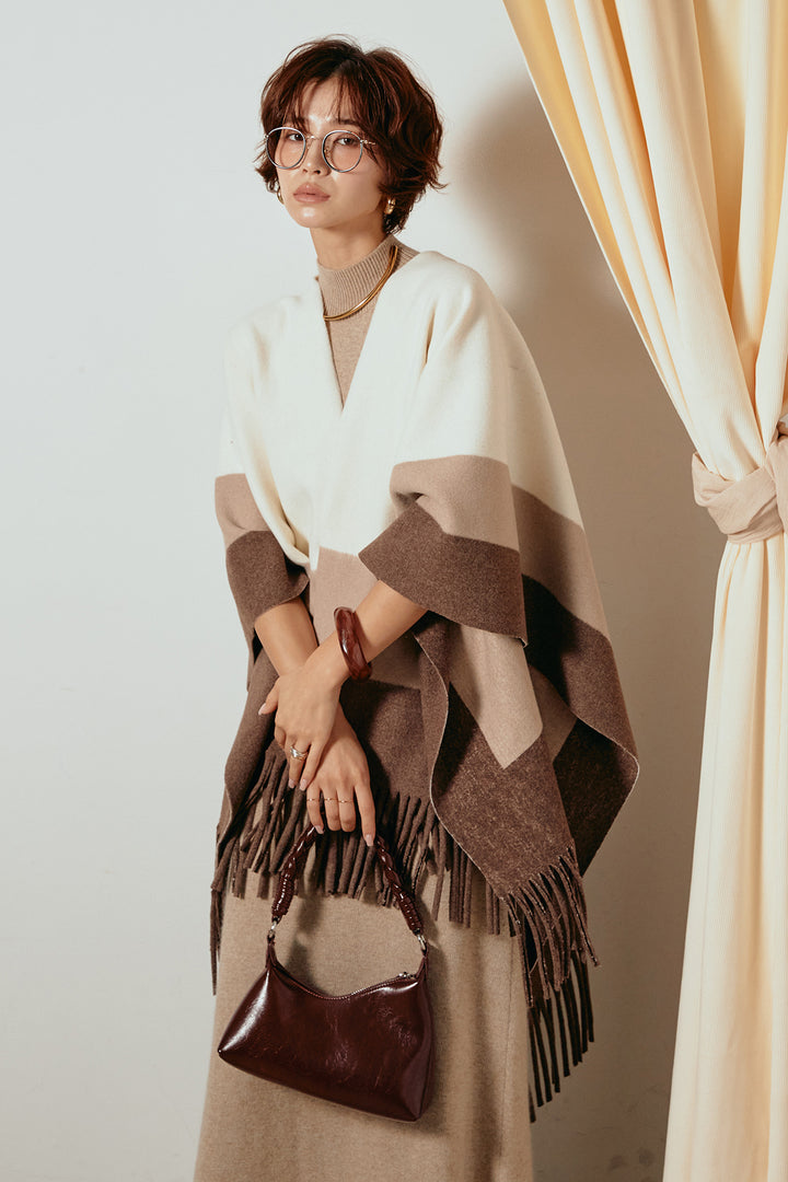 [SET]裾フリンジ柄ポンチョアウター+ノースリーブニットロングワンピース(2set)