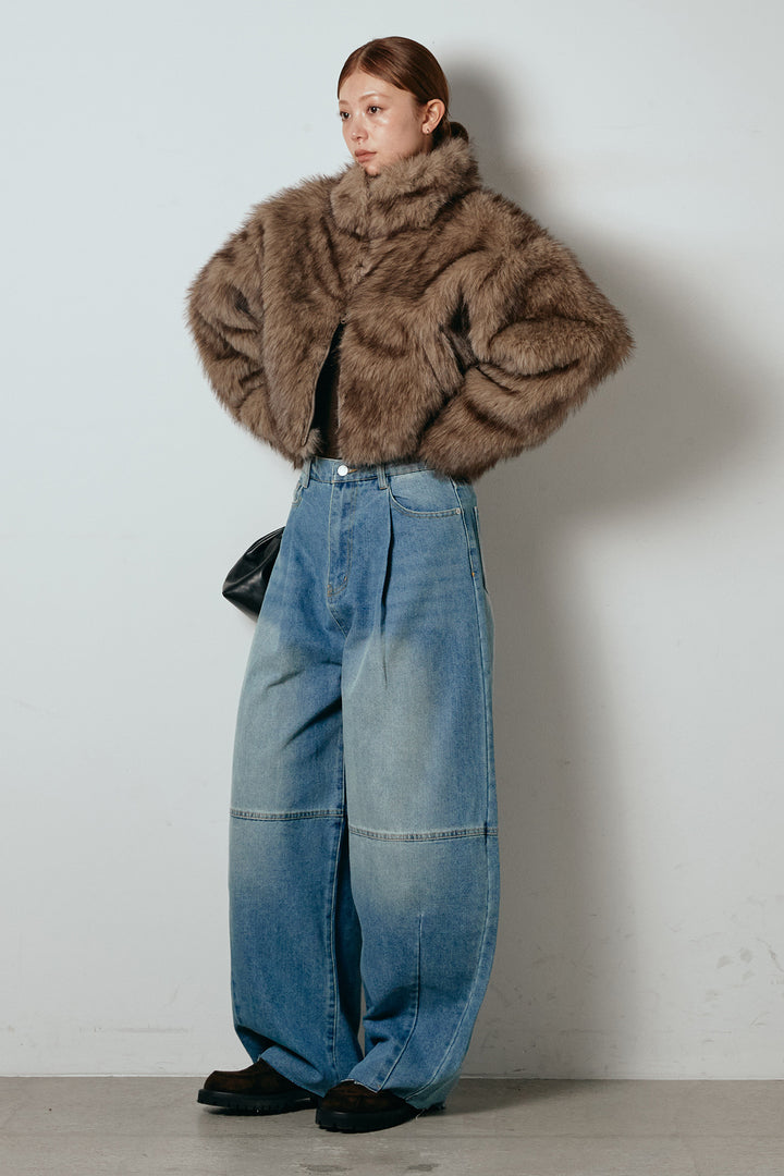 [SET]エコファーショート丈ブルゾン+加工デニムタックコクーンワイドパンツ(2set)