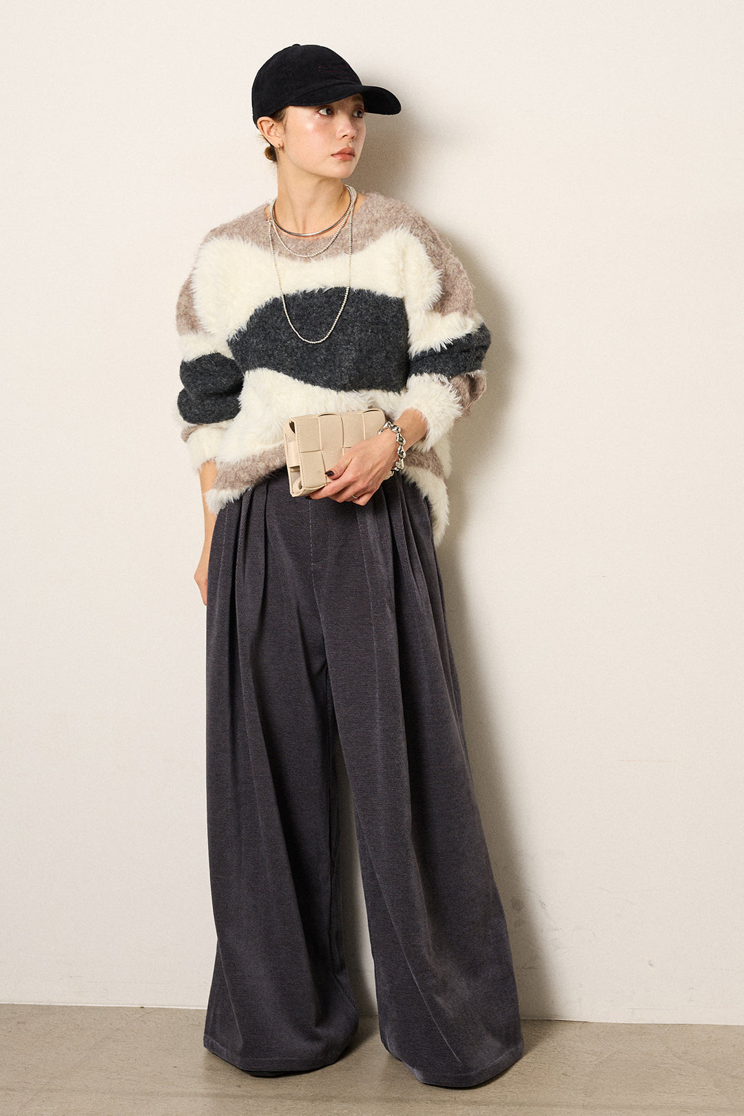 [SET]シャギーウェーブ柄クルーネックニットトップス+ベルトループコーデュロイワイドパンツ(2set)