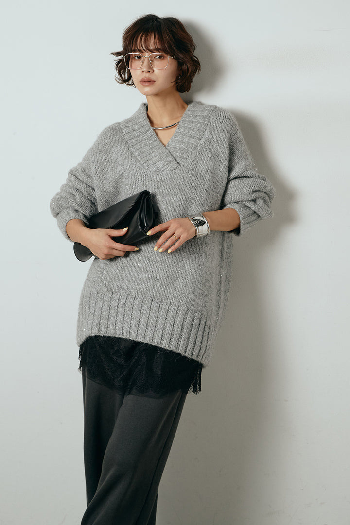 [SET]Vネックラメニットトップス+裏起毛スウェットワイドパンツ(2set)