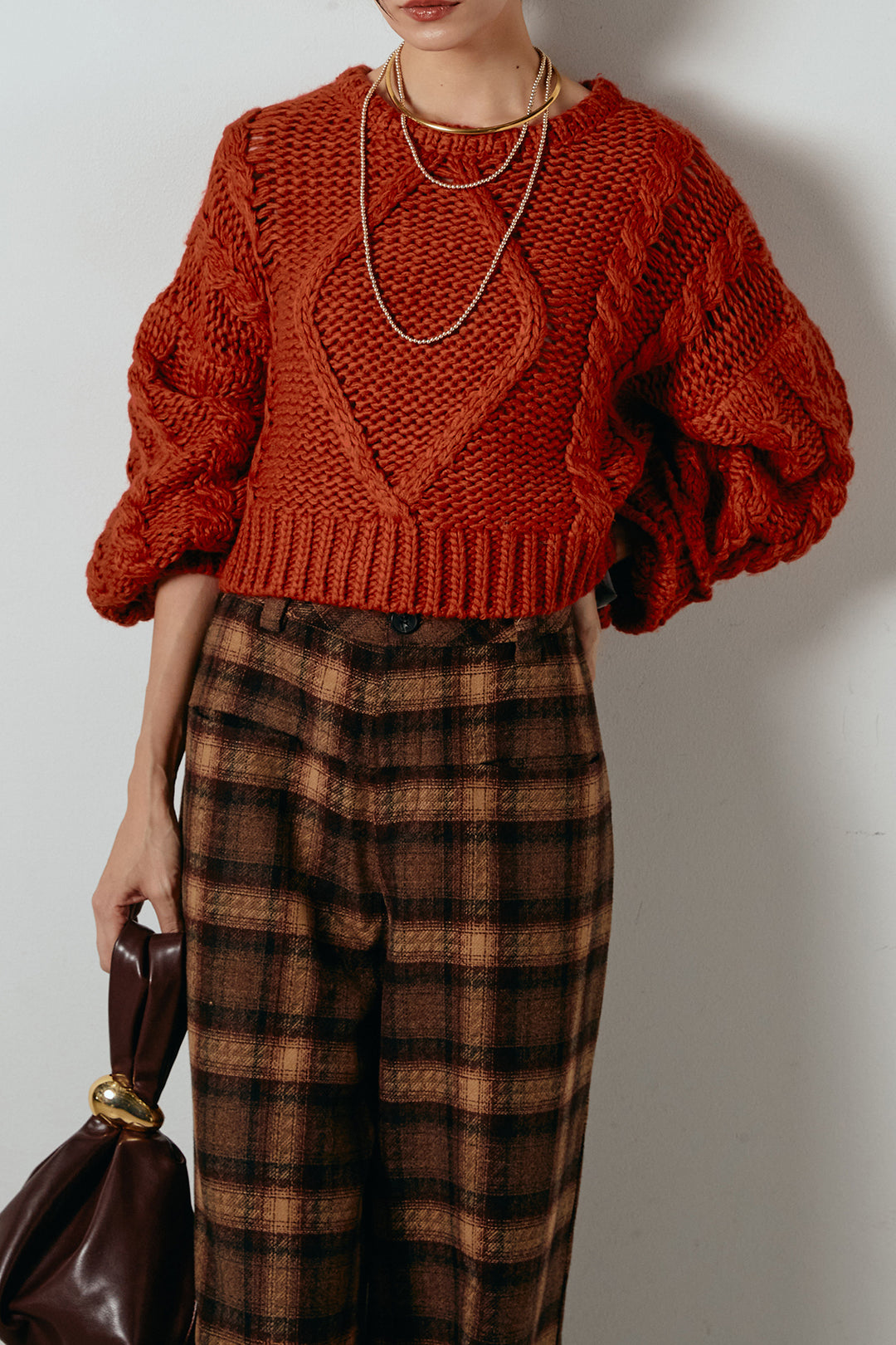 [SET]ロービングケーブルショート丈プルオーバー+ルーズタータンチェックワイドパンツ(2set)