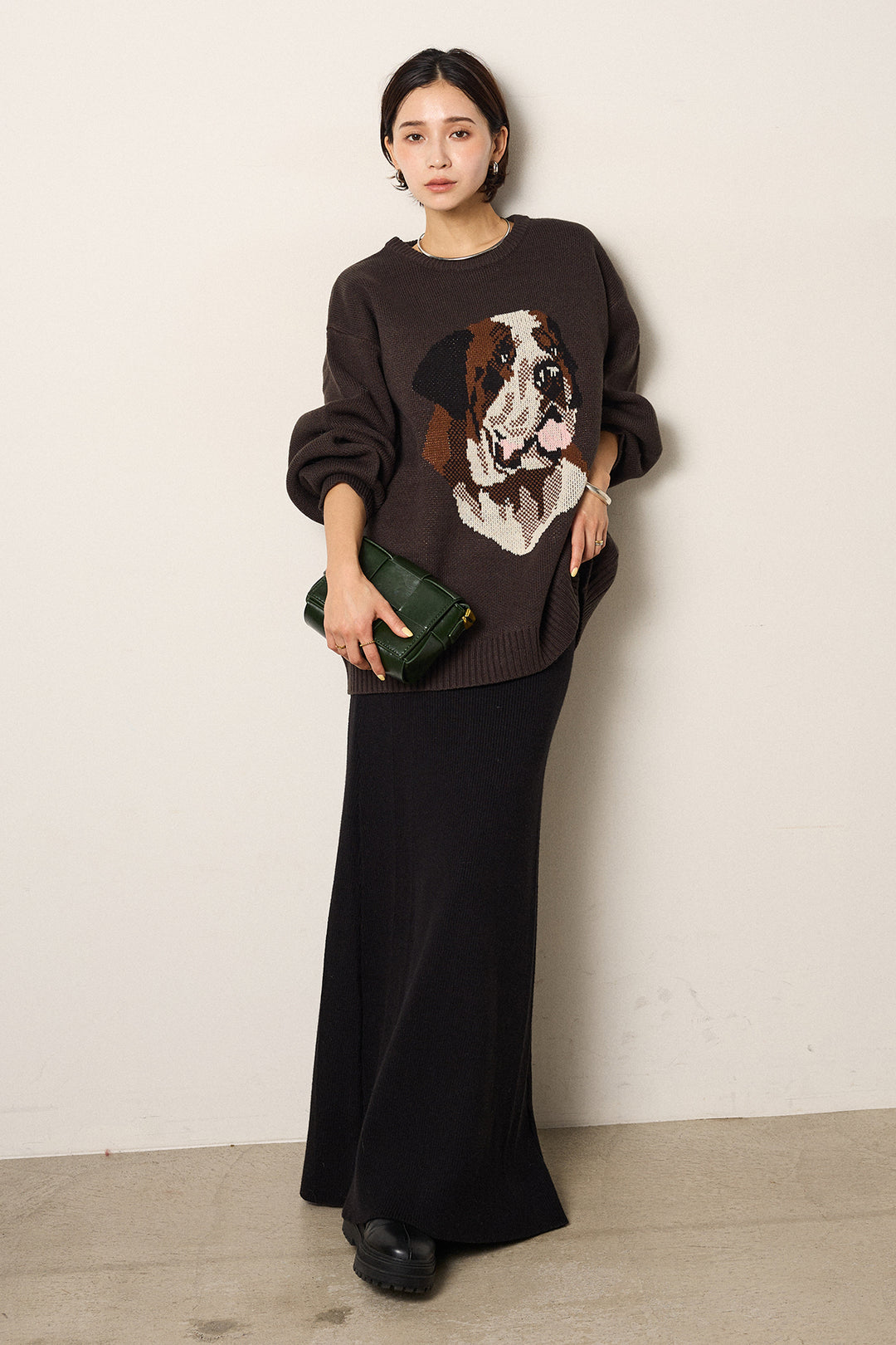 [SET]アニマルジャガード柄ニットトップス+リブナローニットスカート(2set)