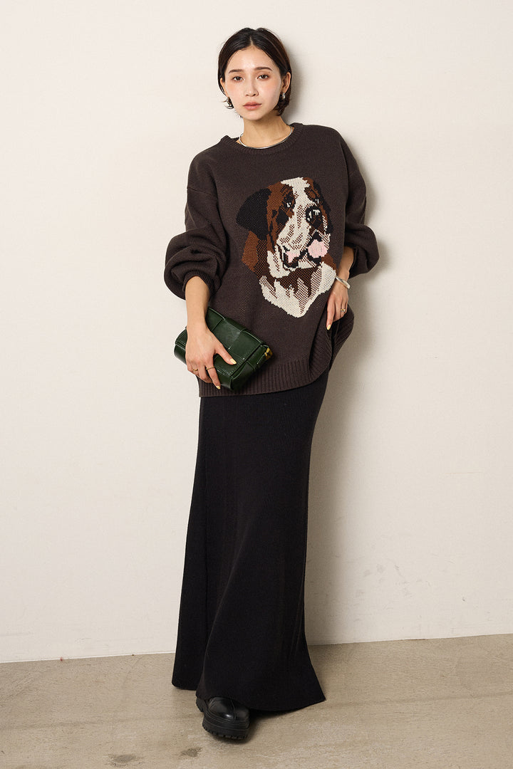 [SET]アニマルジャガード柄ニットトップス+リブナローニットスカート(2set)