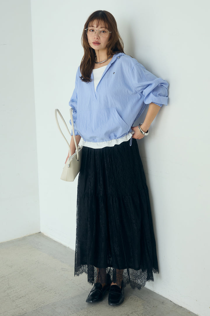 [SET]レイヤードデザインフーディートップス+ひげレース切替ロング丈スカート(2set)