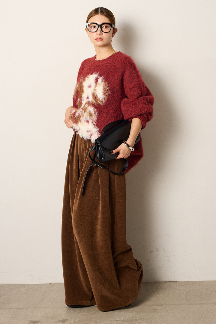 [SET]シャギーニュアンスアニマルニット+ベルトループコーデュロイワイドパンツ(2set)