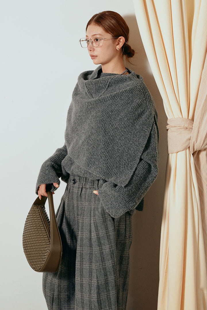 [SET]ケープデザインリブニットトップス+タータンチェック柄タックパンツ(2set)
