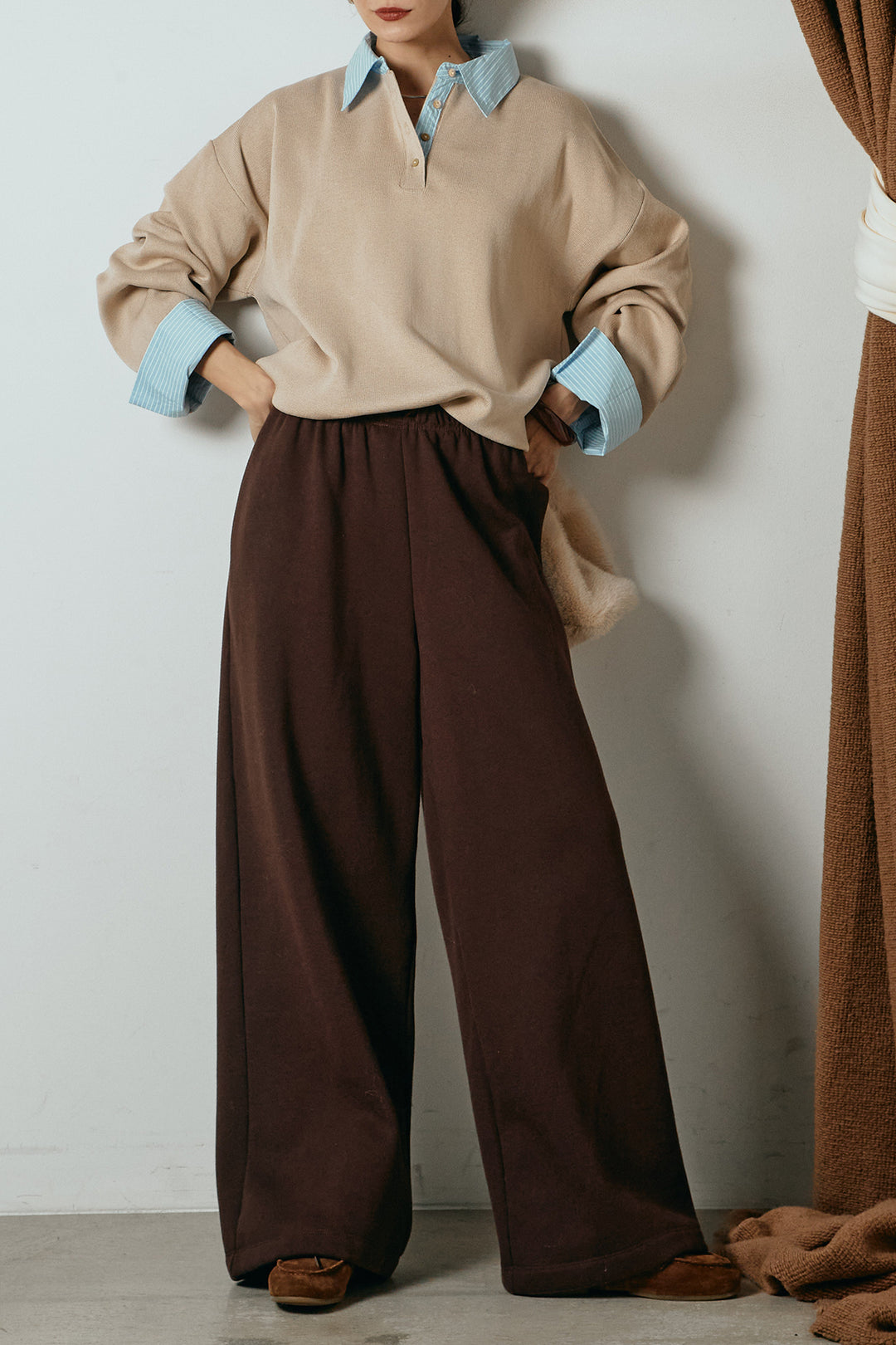 [SET]ストライプシャツドッキングポロトップス+裏起毛スウェットワイドパンツ(2set)