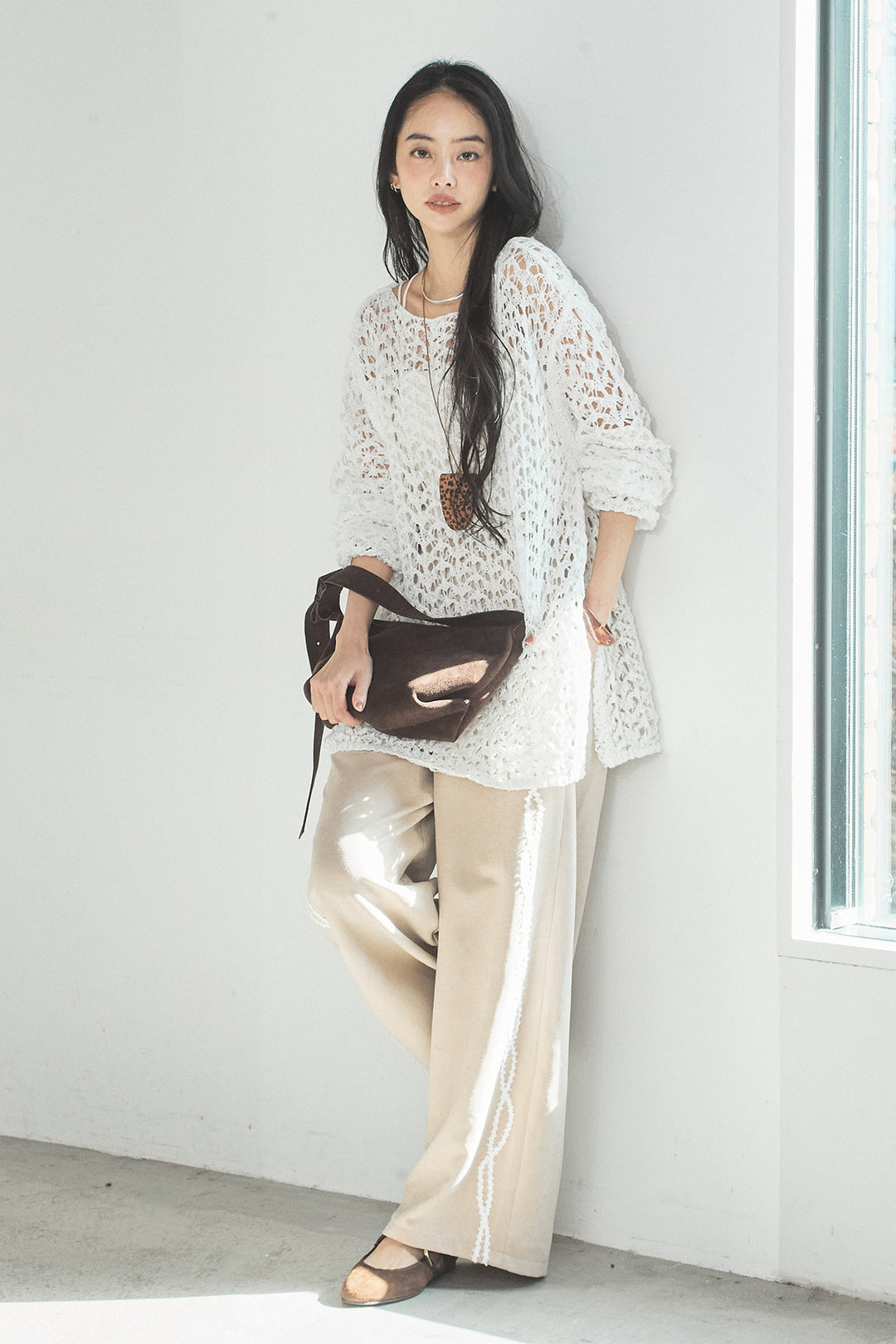 [SET]リラックスメッシュニットトップス+刺繡テープラインパンツ(2set)