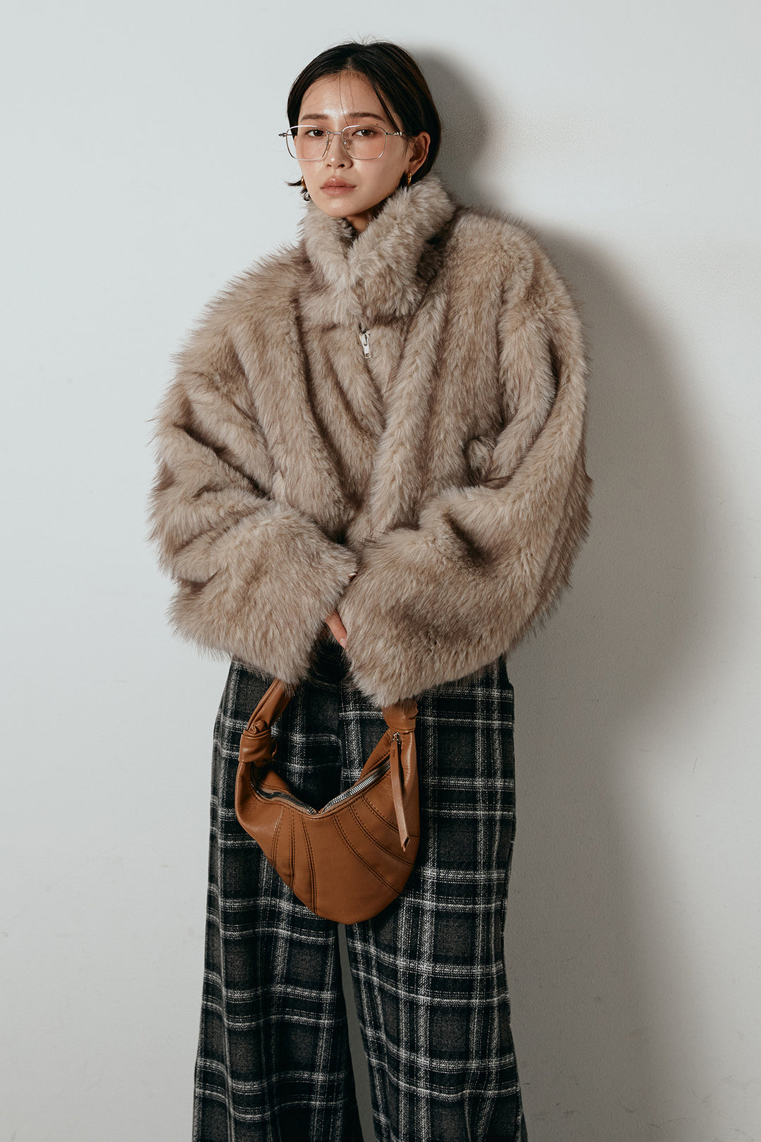 [SET]エコファーショート丈ブルゾン+ルーズタータンチェックワイドパンツ(2set)