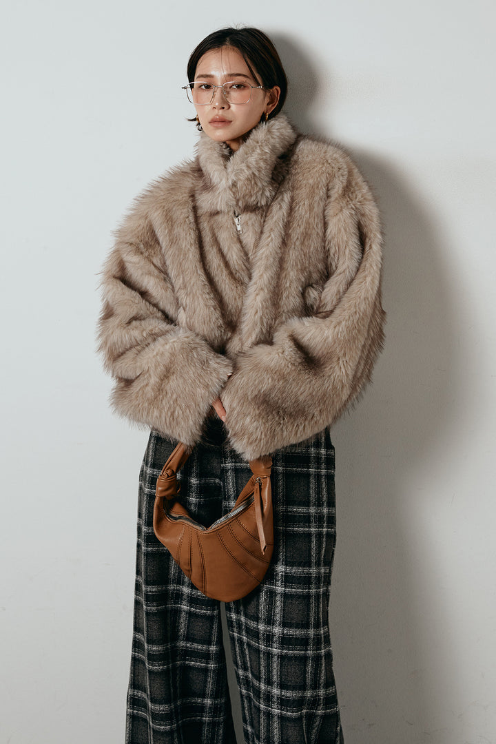 [SET]エコファーショート丈ブルゾン+ルーズタータンチェックワイドパンツ(2set)