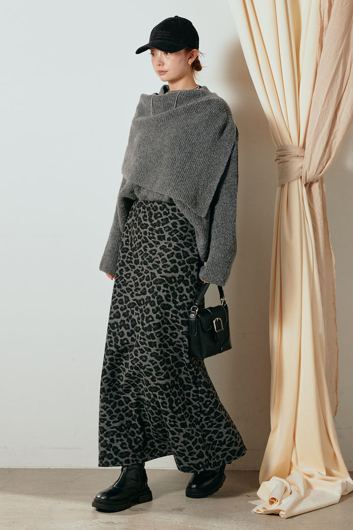 [SET]ケープデザインリブニットトップス+レオパードロングスカート(2set)