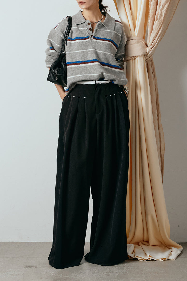 [SET]襟付きマルチボーダーニットポロトップス+ウエストステッチデザインワイドスラックス(2set)