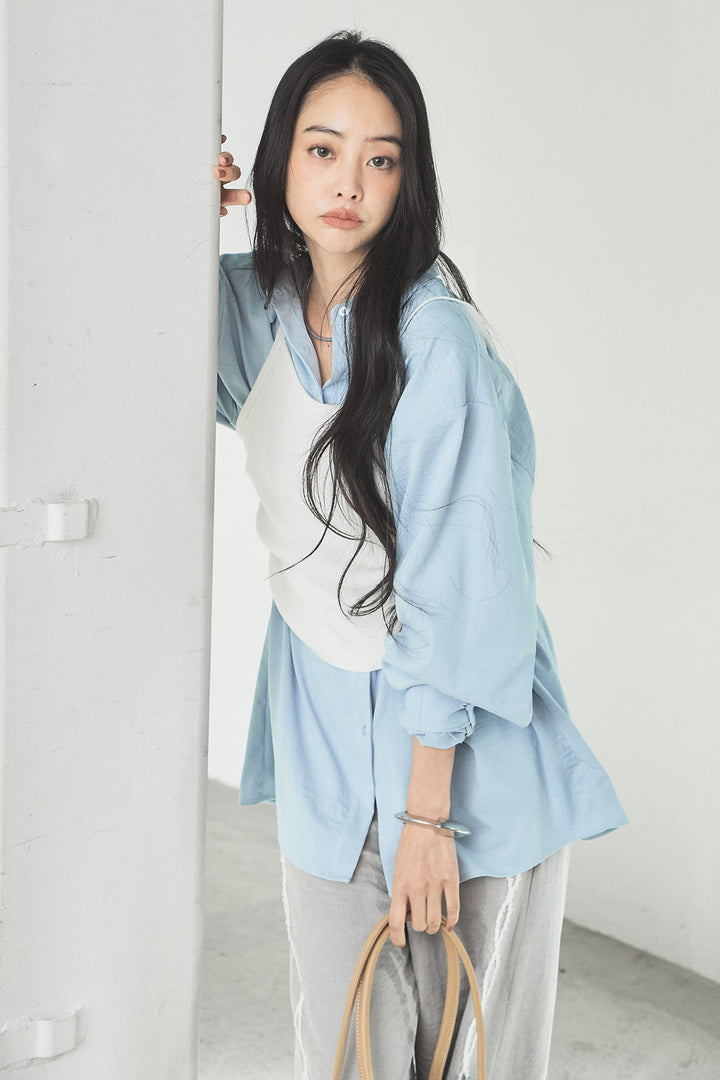 [SET]ニットキャミ付きシャツ+刺繡テープラインパンツ(2set)