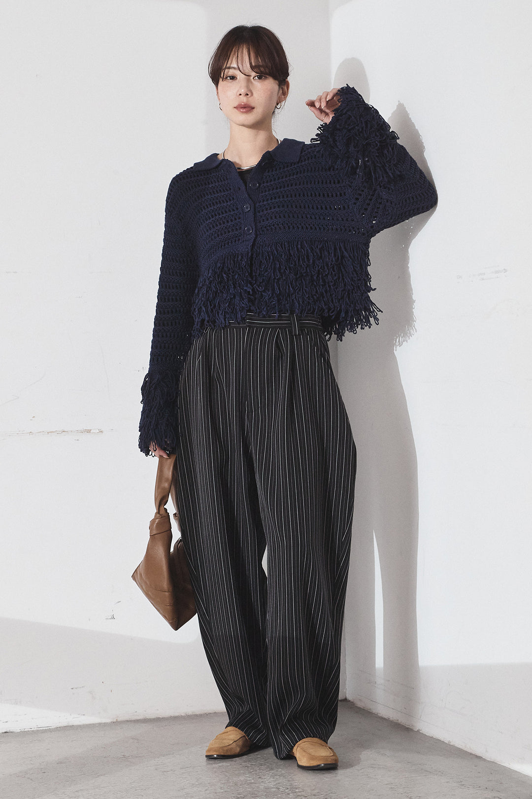 [SET]メッシュフリンジカーディガン+ヘリンボーンストライプツータックパンツ(2set)