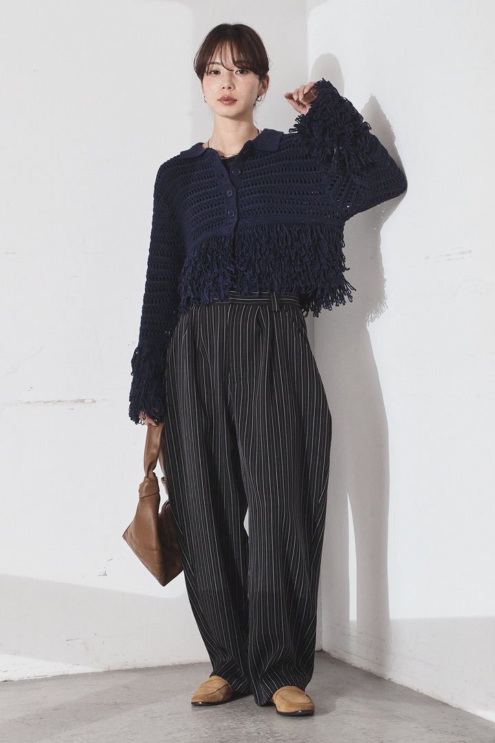 [SET]メッシュフリンジカーディガン+ヘリンボーンストライプツータックパンツ(2set)