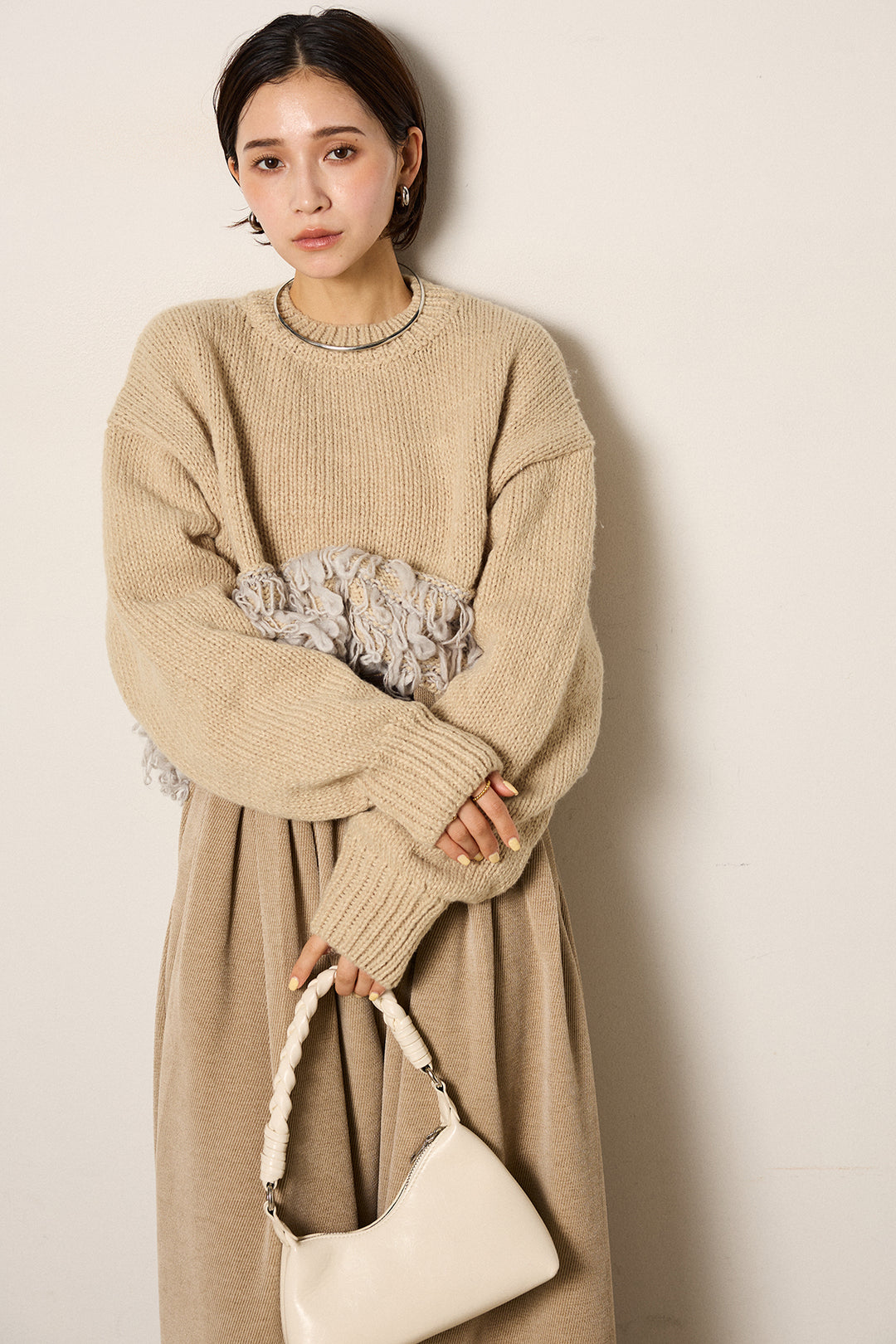 [SET]ループ編み切り替えニットプルオーバー+ベルトループコーデュロイワイドパンツ(2set)