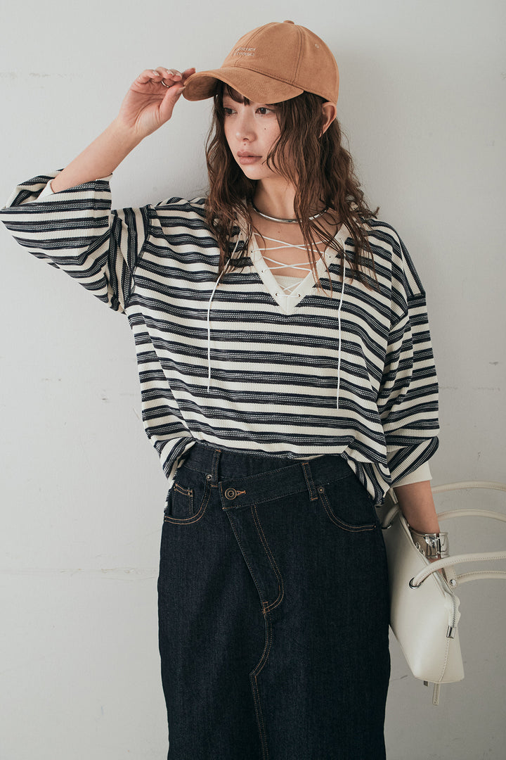 [SET]レースアップワッフルボーダートップス+ウエストクロスデニムタイトスカート(2set)