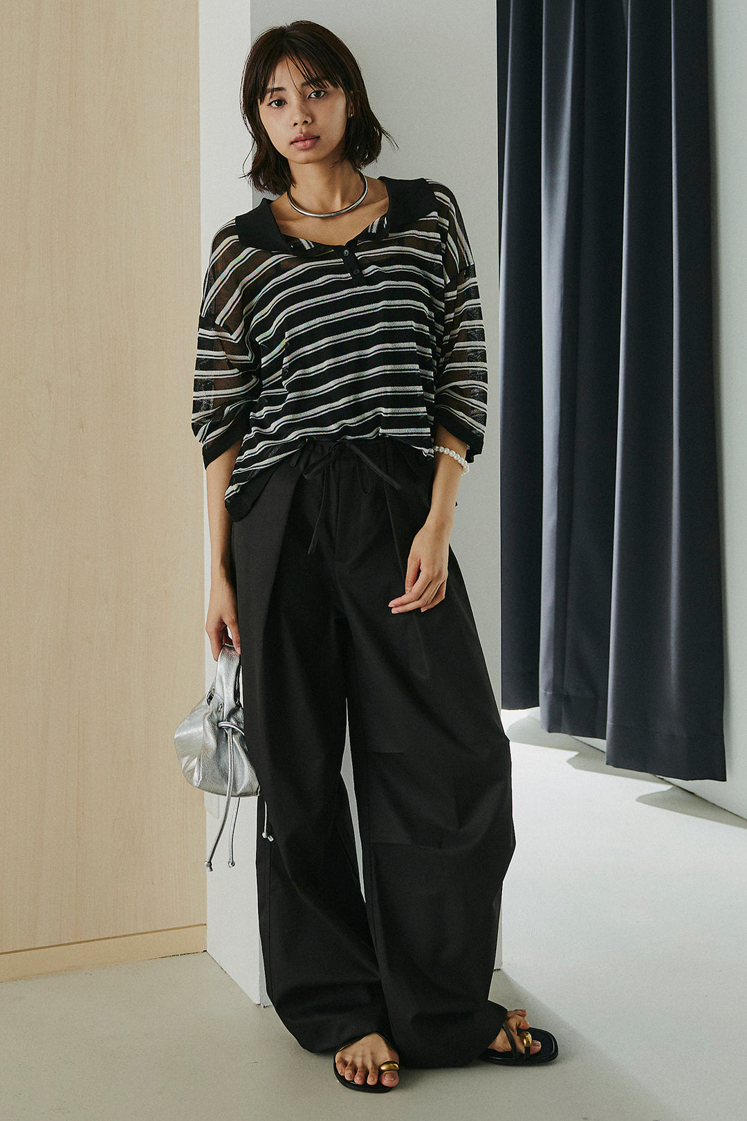 [SET]ボーダーニットポロシャツ+ニーサイドタックウエストドロスパンツ(2set)