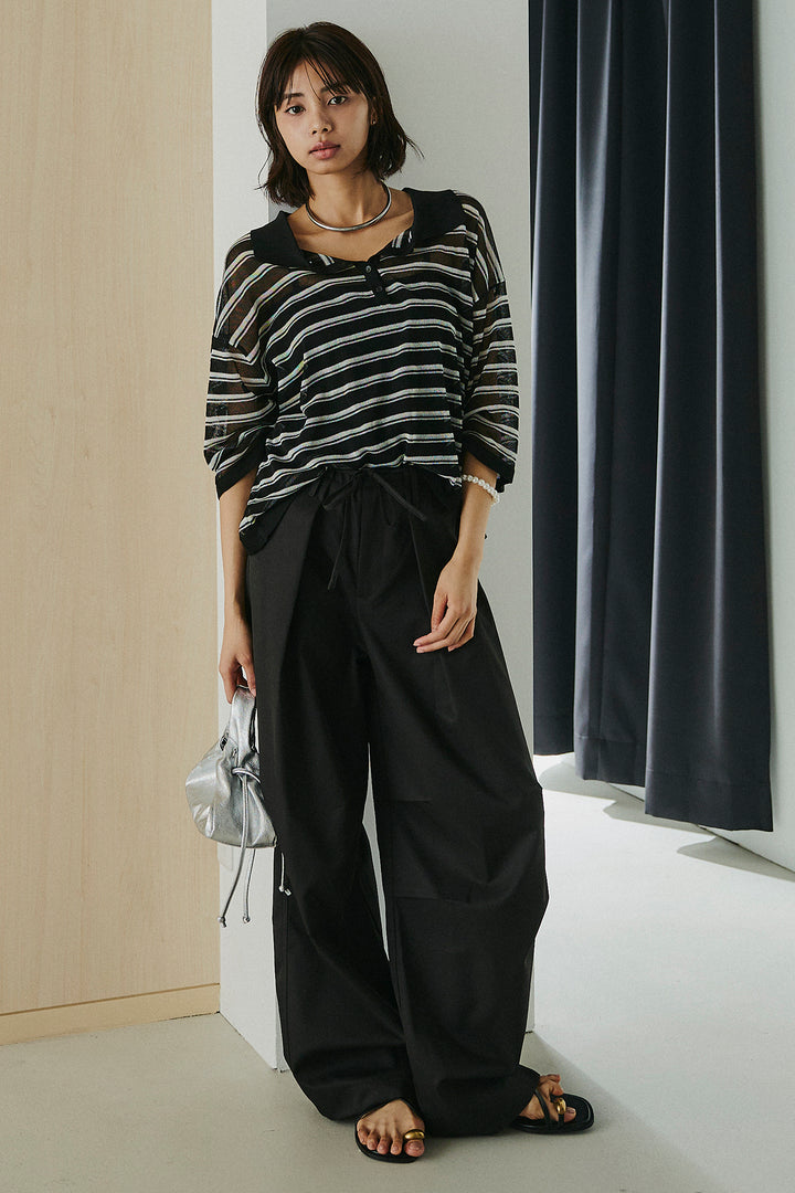 [SET]ボーダーニットポロシャツ+ニーサイドタックウエストドロスパンツ(2set)