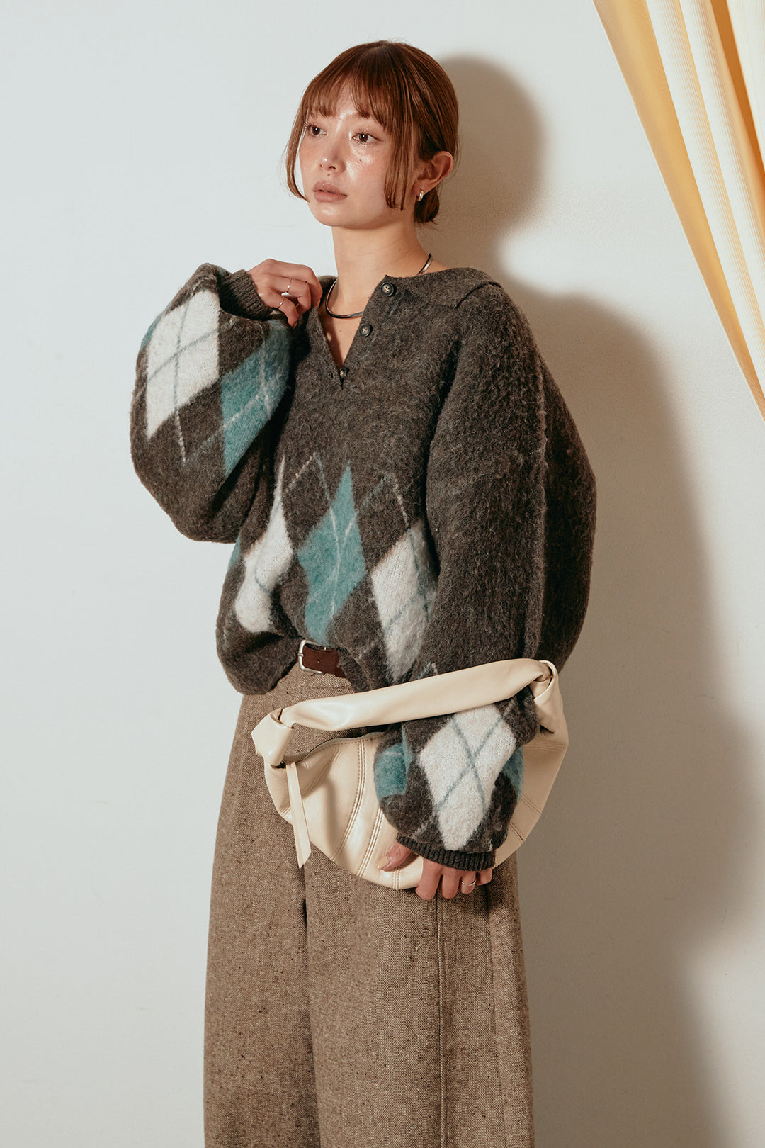 [SET]アーガイル柄ポロニットトップス+ベルト付きネップツイードカーブパンツ(2set)