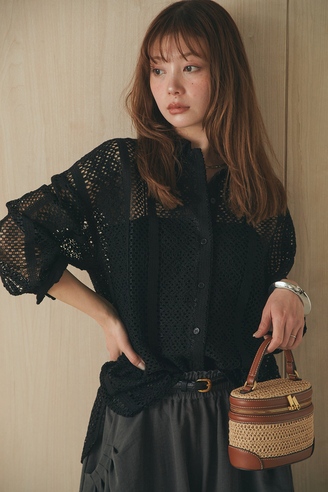 [SET]長袖襟付きレースシャツ+ポケットタックフォルムパンツ(2set)