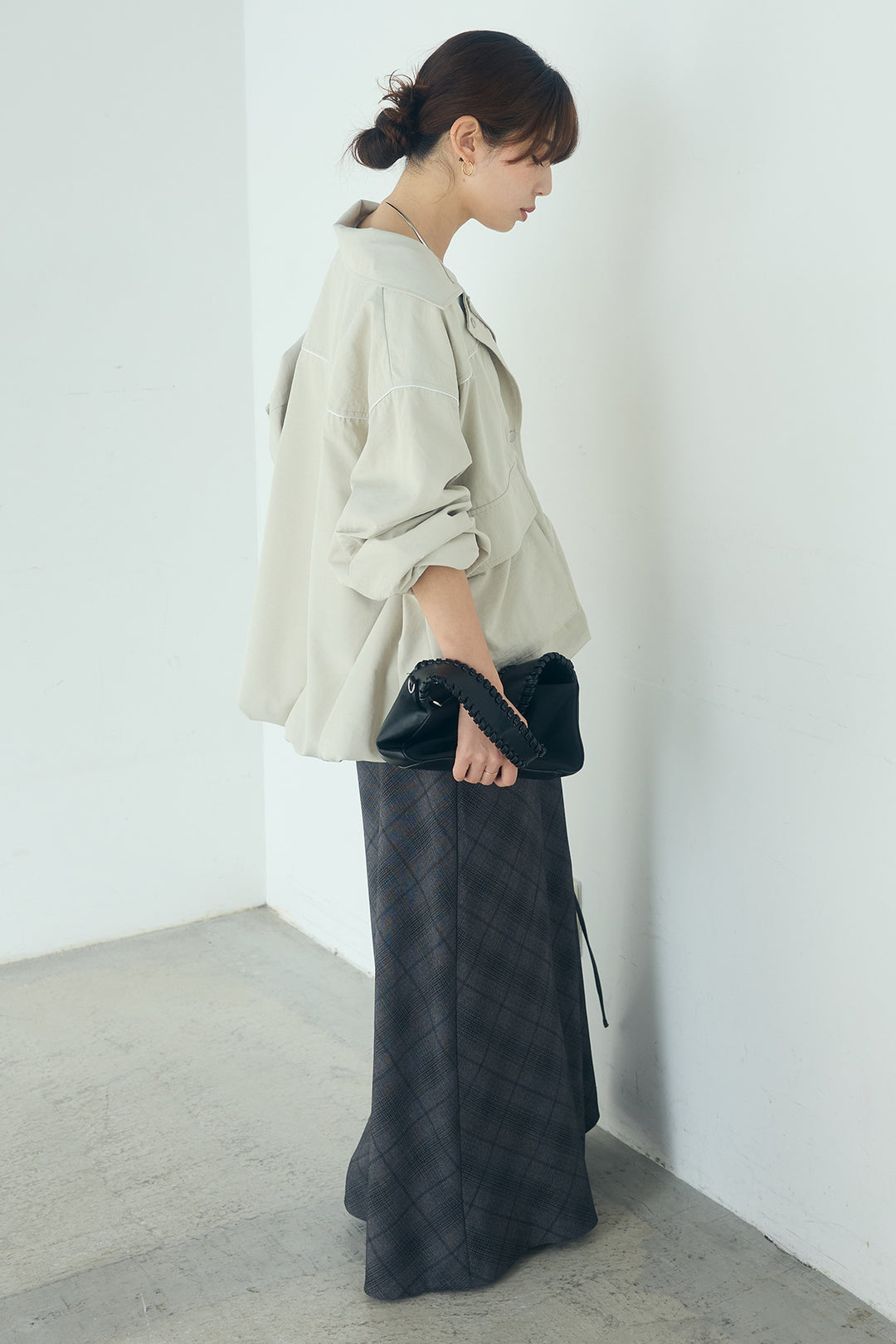 [SET]合繊ツイルバルーンジャケット+タータンチェック柄フロントデザインスカート(2set)
