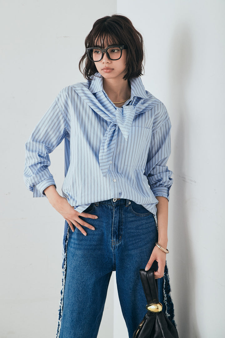 [SET]ランダムストライプスカーフ付きシャツ+デニムサイドフリルパンツ(2set)