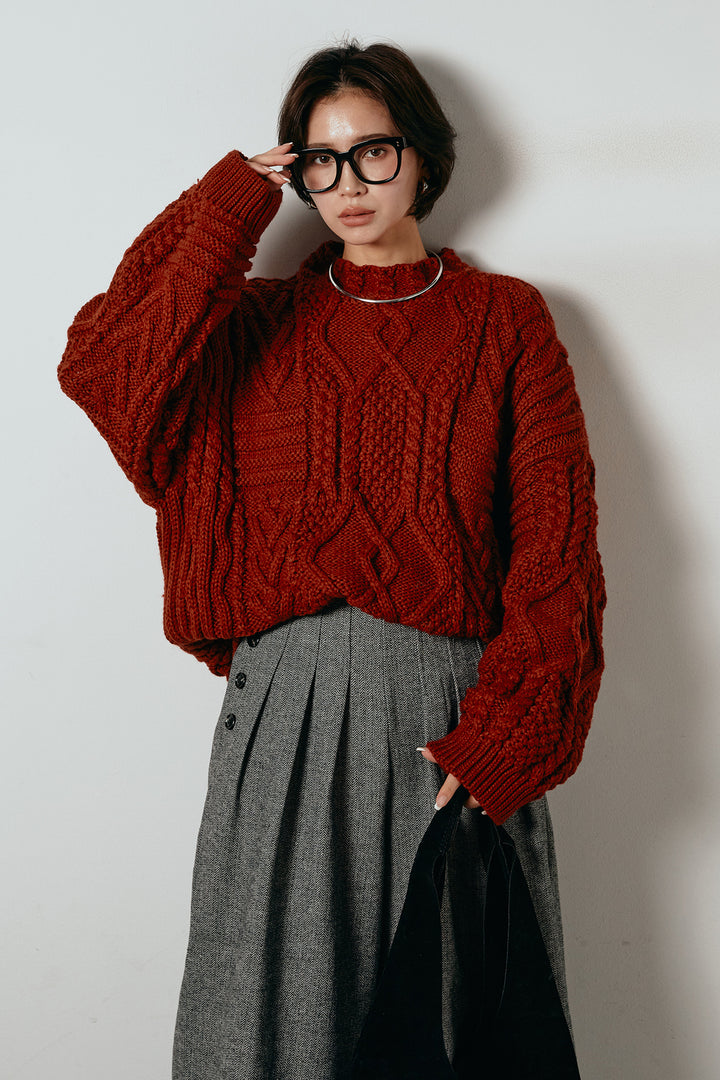 [SET]アラン柄ミックスケーブルニット+サイドボタンツイードタックパンツ(2set)