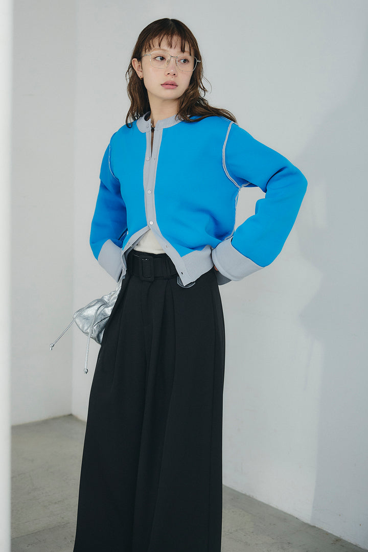 [SET]リバーシブル配色ニットカーディガン+ベルト付きツータックワイドパンツ(2set)