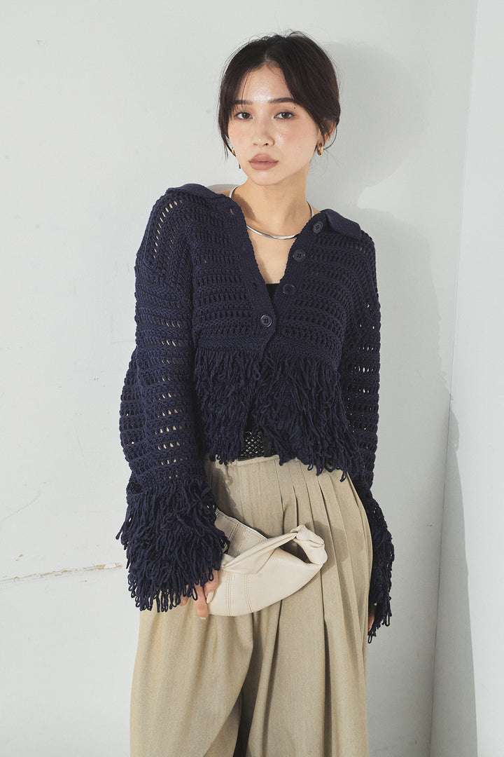 [SET]メッシュフリンジカーディガン+編みベルト付きウエストタックワイドパンツ(2set)