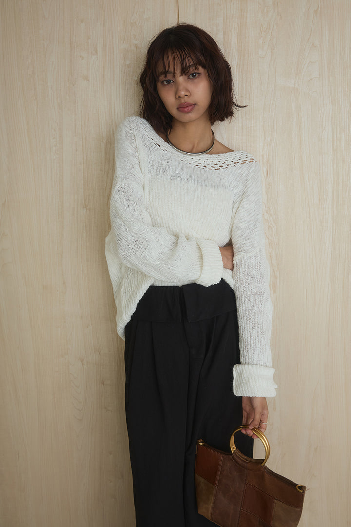 [SET]ネック編みデザインニットトップス+ウエスト折り返しワイドパンツ(2set)