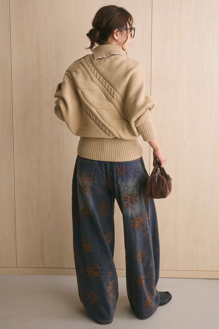 [SET]アシメカラーボタンケーブルニット+フラワーモチーフ刺繍カーブデニム(2set)