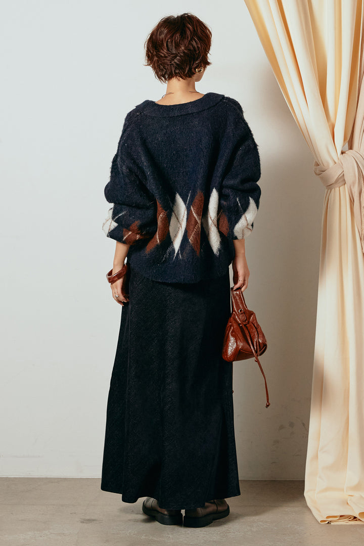 [SET]アーガイル柄ポロニットトップス+スウェードライクロングスカート(2set)