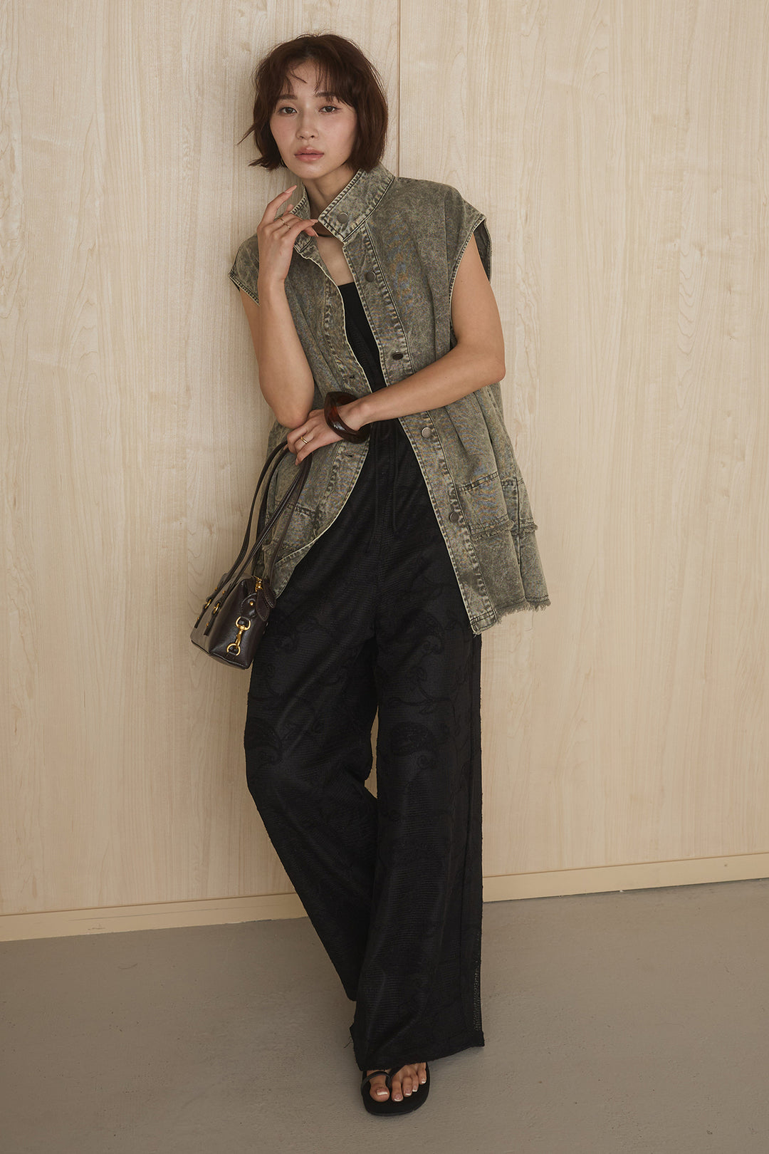 [SET]ケミカルデニムヘムカットオフジレ+レースサロペット(2set)