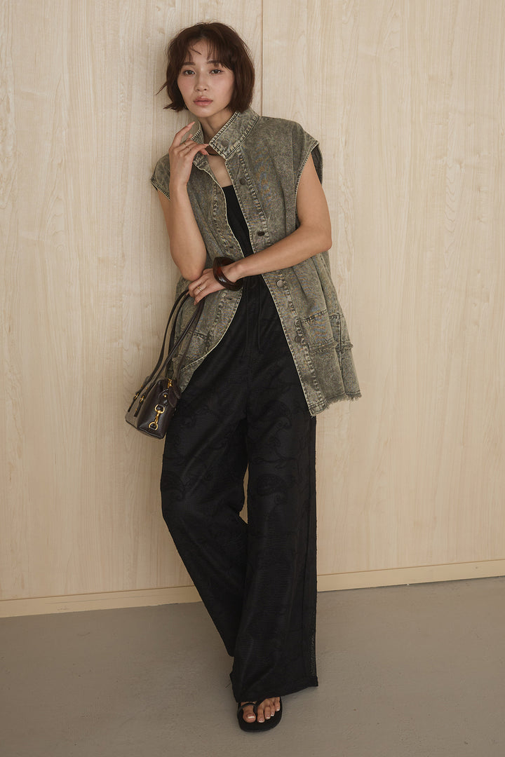 [SET]ケミカルデニムヘムカットオフジレ+レースサロペット(2set)