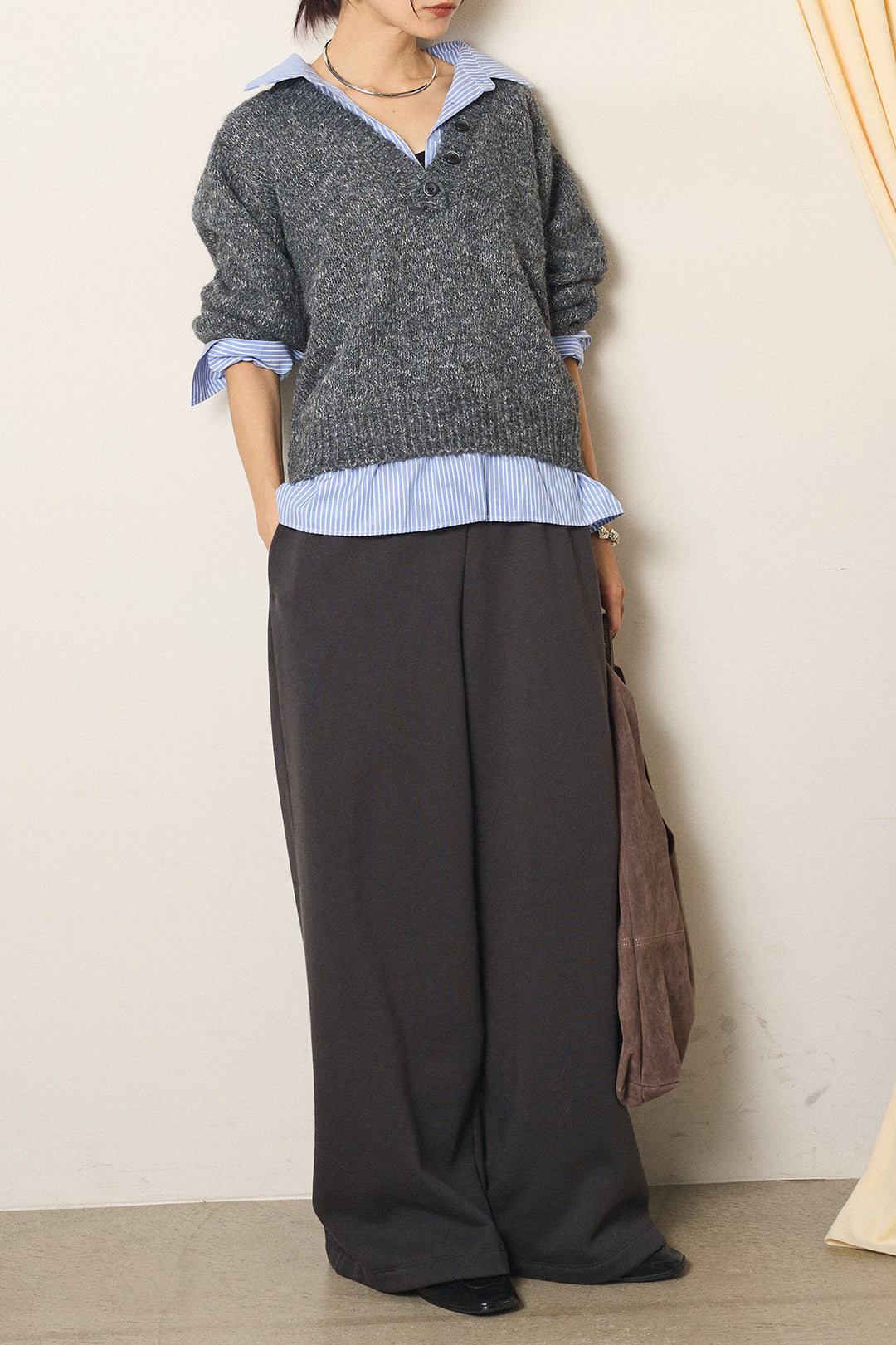 [SET]ストライプシャツドッキングニットポロトップス+裏起毛スウェットワイドパンツ(2set)