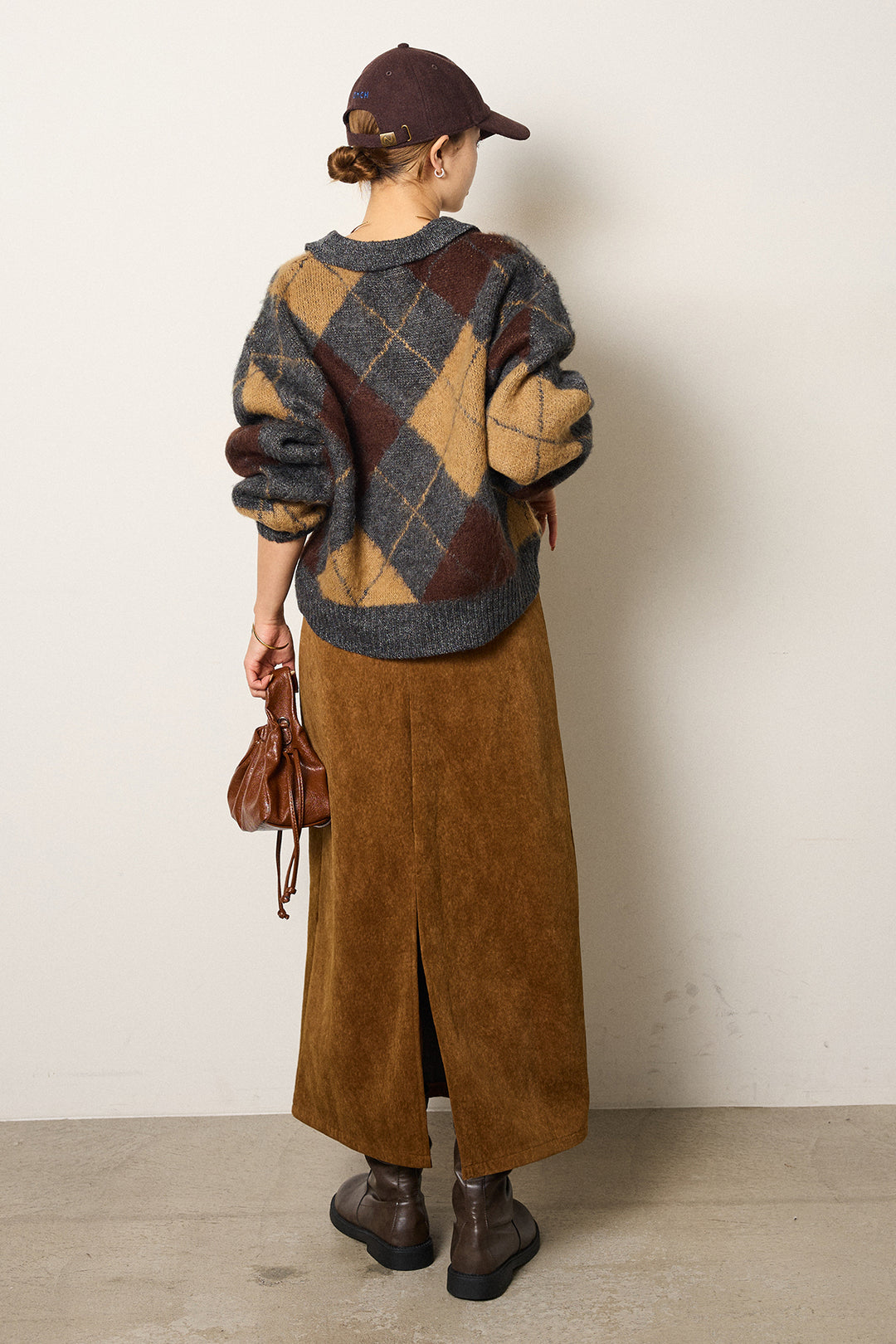 [SET]アクリルモヘアアーガイルキーネックプルオーバー+ロープベルト付きスウェード調スカート(2set)