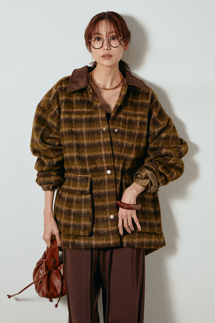 [SET]チェックシャギーミドルカバーオール+フロントラインデザインワイドスウェットパンツ(2set)