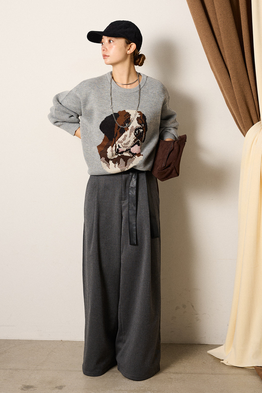 [SET]アニマルジャガード柄ニットトップス+巻ベルトウエストレザーライクワイドパンツ(2set)