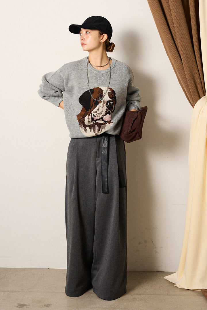 [SET]アニマルジャガード柄ニットトップス+巻ベルトウエストレザーライクワイドパンツ(2set)