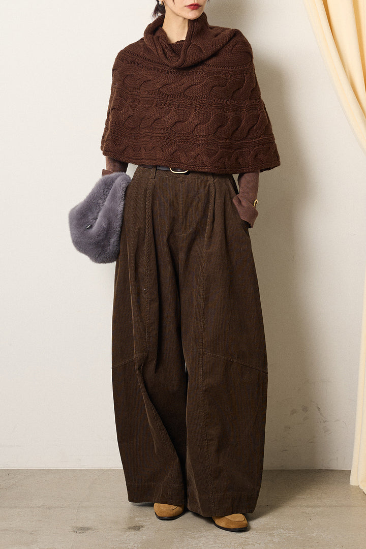 [SET]ケーブル編みケープレイヤードニット+タック入りコーデュロイワイドパンツ(2set)