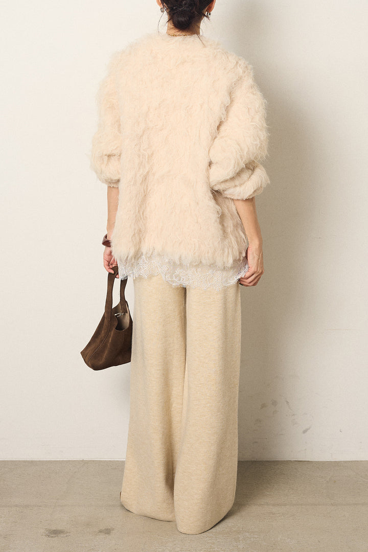 [SET]起毛シャギーニットカーディガン+センターラインニットパンツ+レース切り替えキャミソール(3set)