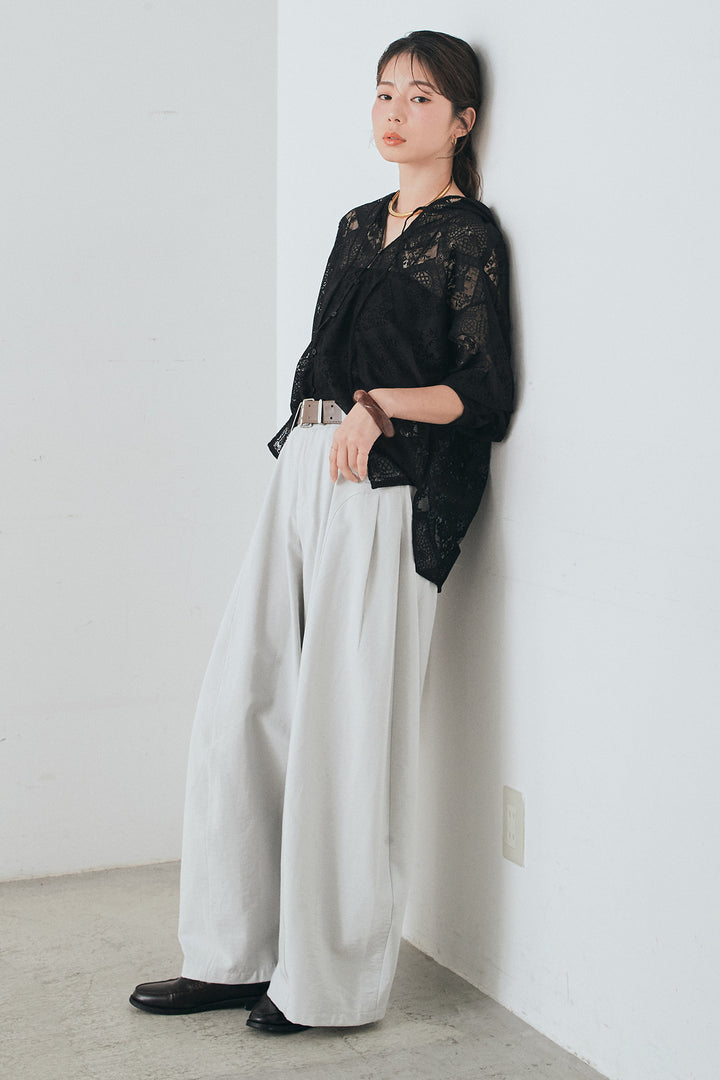 [SET]ブロックレースフード付きブラウス+ベルト付きサイドタックワイドパンツ(2set)